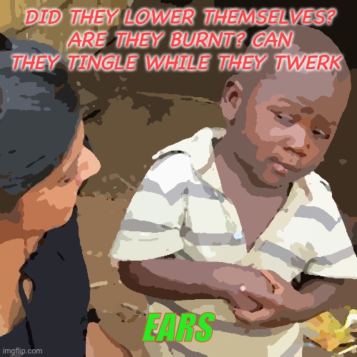dead sea, ʻíʻ people | DID THEY LOWER THEMSELVES? ARE THEY BURNT? CAN THEY TINGLE WHILE THEY TWERK; EARS | image tagged in ears,corn,your mom | made w/ Imgflip meme maker