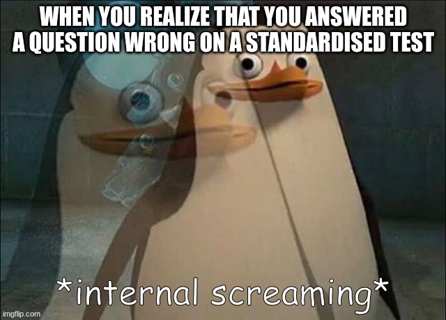 may or may not have happened to me today | WHEN YOU REALIZE THAT YOU ANSWERED A QUESTION WRONG ON A STANDARDIZED TEST | image tagged in private internal screaming | made w/ Imgflip meme maker