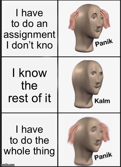 Panics intensely |  I have to do an assignment I don’t kno; I know the rest of it; I have to do the whole thing | image tagged in memes,panik kalm panik | made w/ Imgflip meme maker