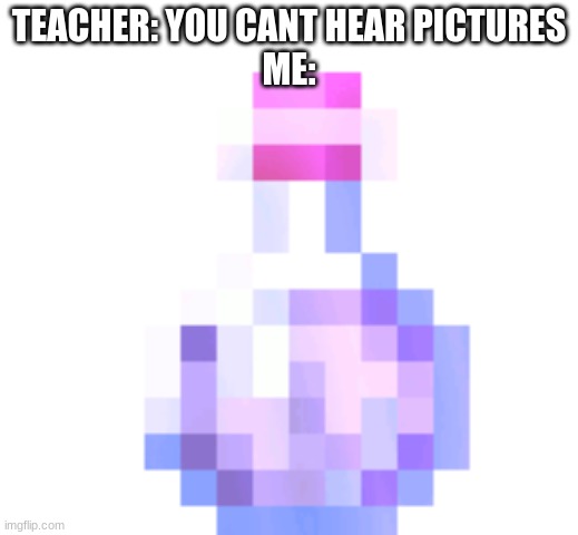 witches potion minecraft | TEACHER: YOU CANT HEAR PICTURES
ME: | image tagged in witches potion minecraft | made w/ Imgflip meme maker