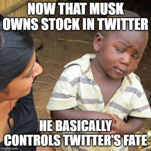 He either buys it himself or with a friend or two, or leaves the stock and Twitter to die | NOW THAT MUSK OWNS STOCK IN TWITTER; HE BASICALLY CONTROLS TWITTER'S FATE | image tagged in memes,third world skeptical kid | made w/ Imgflip meme maker