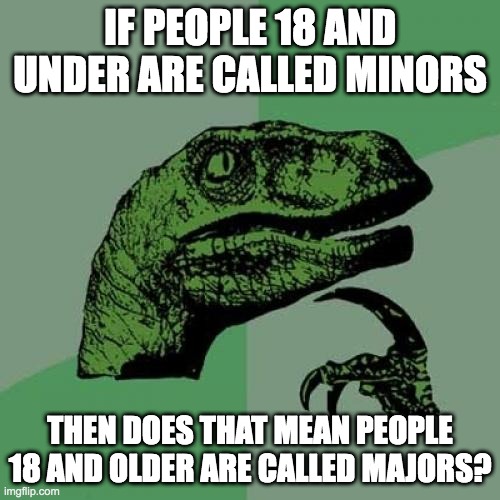 This should actually be a thing. | IF PEOPLE 18 AND UNDER ARE CALLED MINORS; THEN DOES THAT MEAN PEOPLE 18 AND OLDER ARE CALLED MAJORS? | image tagged in memes,philosoraptor | made w/ Imgflip meme maker