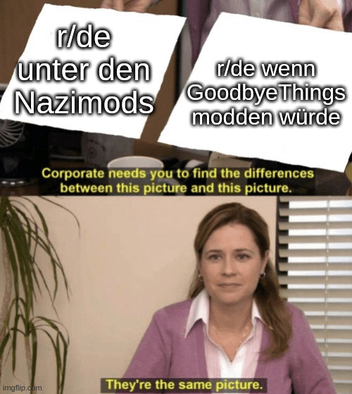 Corporate needs you to find the differences | r/de wenn GoodbyeThings modden würde; r/de unter den Nazimods | image tagged in corporate needs you to find the differences | made w/ Imgflip meme maker