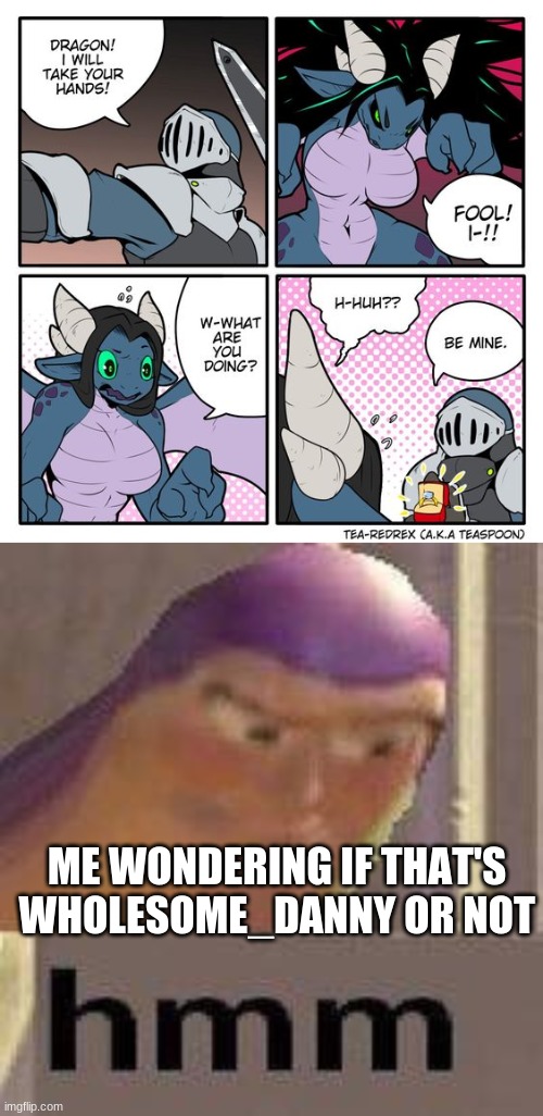 hmmm | ME WONDERING IF THAT'S WHOLESOME_DANNY OR NOT | image tagged in buzz lightyear hmm,furry,dragon,memes | made w/ Imgflip meme maker
