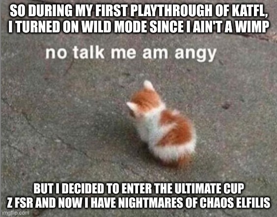 also we r more popular than the_think_Tank | SO DURING MY FIRST PLAYTHROUGH OF KATFL, I TURNED ON WILD MODE SINCE I AIN'T A WIMP; BUT I DECIDED TO ENTER THE ULTIMATE CUP Z FSR AND NOW I HAVE NIGHTMARES OF CHAOS ELFILIS | image tagged in no talk me am angy | made w/ Imgflip meme maker
