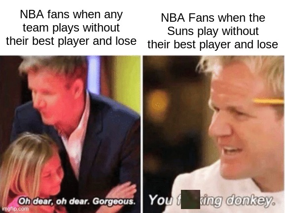 We live in a Society | NBA Fans when the Suns play without their best player and lose; NBA fans when any team plays without their best player and lose | image tagged in gordon ramsey talking to kids vs talking to adults,nba | made w/ Imgflip meme maker