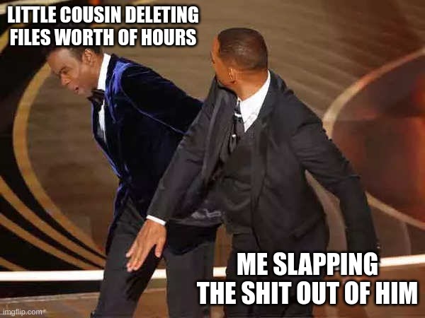 Will smith | LITTLE COUSIN DELETING FILES WORTH OF HOURS; ME SLAPPING THE SHIT OUT OF HIM | image tagged in will smith | made w/ Imgflip meme maker