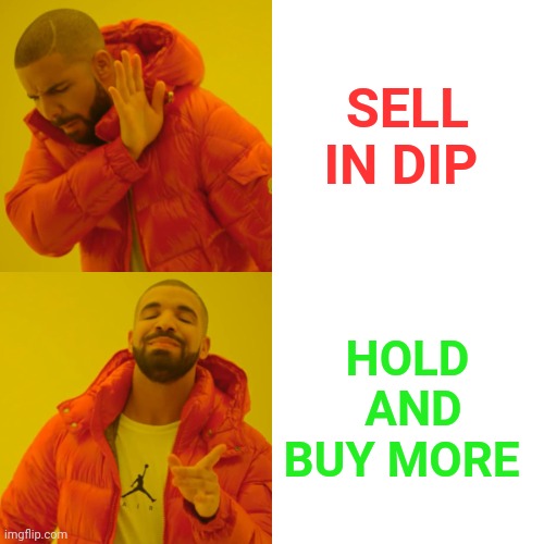 Buy and hold in dip | SELL IN DIP; HOLD  AND BUY MORE | image tagged in cryptocurrency,hive,crypto,memes,funny | made w/ Imgflip meme maker