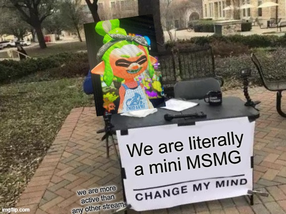 :o | We are literally a mini MSMG; we are more active than any other stream- | image tagged in memes,change my mind | made w/ Imgflip meme maker