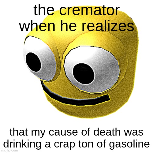 Image Title | the cremator when he realizes; that my cause of death was drinking a crap ton of gasoline | image tagged in mfw when | made w/ Imgflip meme maker