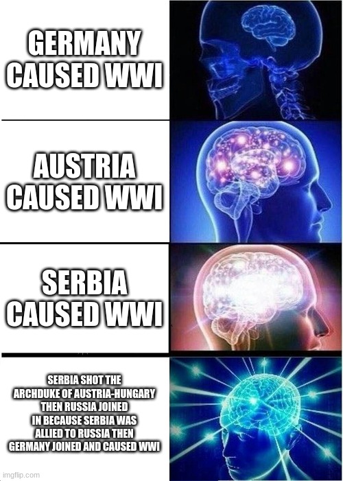Expanding Brain | GERMANY CAUSED WWI; AUSTRIA CAUSED WWI; SERBIA CAUSED WWI; SERBIA SHOT THE ARCHDUKE OF AUSTRIA-HUNGARY THEN RUSSIA JOINED IN BECAUSE SERBIA WAS ALLIED TO RUSSIA THEN GERMANY JOINED AND CAUSED WWI | image tagged in memes,expanding brain | made w/ Imgflip meme maker