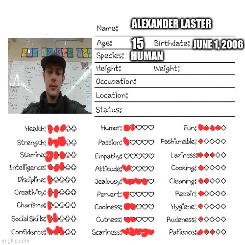 Profile card | ALEXANDER LASTER; 15; JUNE 1, 2006; HUMAN | image tagged in profile card | made w/ Imgflip meme maker