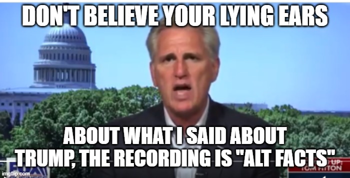 Kevin McCarthy | DON'T BELIEVE YOUR LYING EARS; ABOUT WHAT I SAID ABOUT TRUMP, THE RECORDING IS "ALT FACTS" | image tagged in kevin mccarthy | made w/ Imgflip meme maker