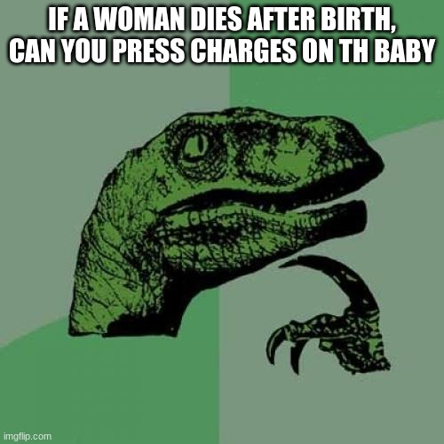 Philosoraptor Meme | IF A WOMAN DIES AFTER BIRTH, CAN YOU PRESS CHARGES ON TH BABY | image tagged in memes,philosoraptor | made w/ Imgflip meme maker