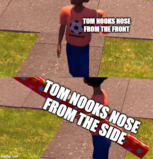 Toy Story Present Kid | TOM NOOKS NOSE FROM THE FRONT; TOM NOOKS NOSE FROM THE SIDE | image tagged in toy story present kid | made w/ Imgflip meme maker