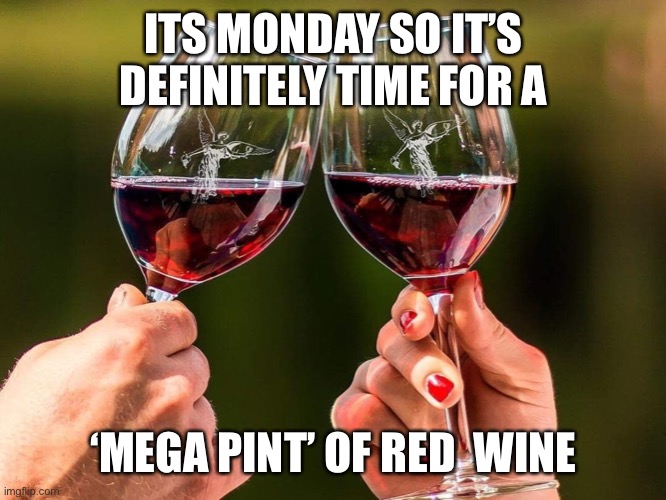 ‘MEGA PINT’ | ITS MONDAY SO IT’S DEFINITELY TIME FOR A; ‘MEGA PINT’ OF RED  WINE | image tagged in memes | made w/ Imgflip meme maker