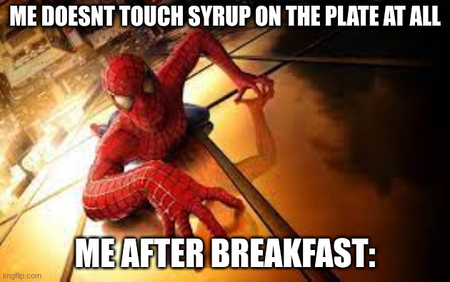 why does it? | ME DOESNT TOUCH SYRUP ON THE PLATE AT ALL; ME AFTER BREAKFAST: | image tagged in relatable | made w/ Imgflip meme maker