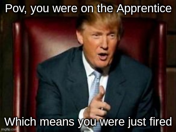 You're Fired |  Pov, you were on the Apprentice; Which means you were just fired | image tagged in donald trump | made w/ Imgflip meme maker