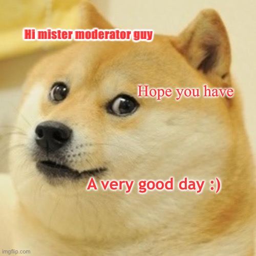 Hi mod | Hi mister moderator guy; Hope you have; A very good day :) | image tagged in memes,doge | made w/ Imgflip meme maker
