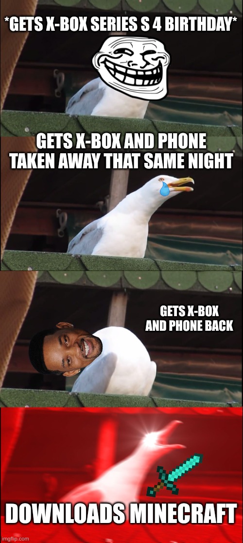 YESS | *GETS X-BOX SERIES S 4 BIRTHDAY*; GETS X-BOX AND PHONE TAKEN AWAY THAT SAME NIGHT; GETS X-BOX AND PHONE BACK; DOWNLOADS MINECRAFT | image tagged in memes,inhaling seagull | made w/ Imgflip meme maker