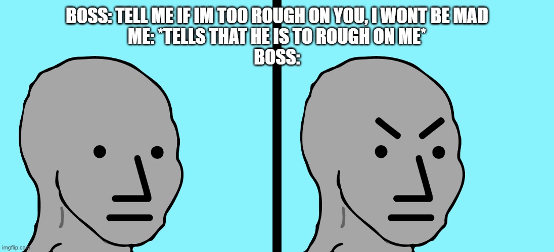 Angry NPC bottom two | BOSS: TELL ME IF IM TOO ROUGH ON YOU, I WONT BE MAD
ME: *TELLS THAT HE IS TO ROUGH ON ME*
BOSS: | image tagged in angry npc bottom two | made w/ Imgflip meme maker