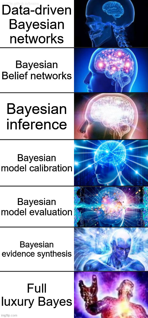 7-Tier Expanding Brain | Data-driven Bayesian networks; Bayesian Belief networks; Bayesian inference; Bayesian model calibration; Bayesian model evaluation; Bayesian evidence synthesis; Full luxury Bayes | image tagged in 7-tier expanding brain | made w/ Imgflip meme maker