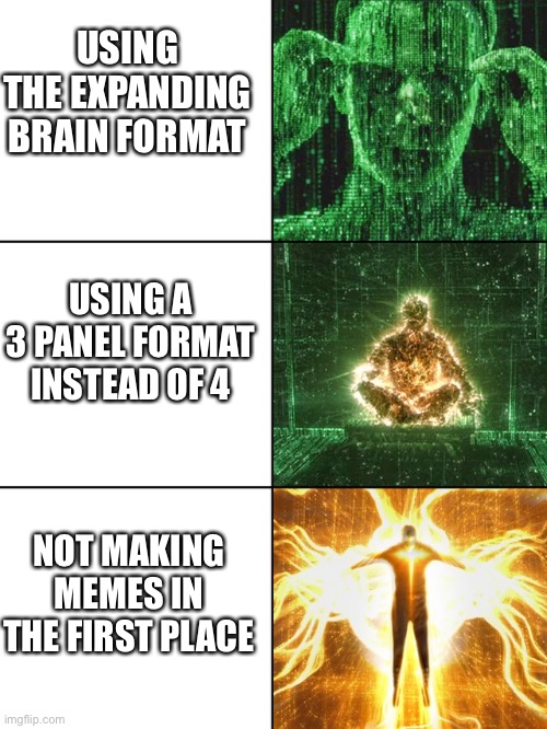 A different format | USING THE EXPANDING BRAIN FORMAT; USING A 3 PANEL FORMAT INSTEAD OF 4; NOT MAKING MEMES IN THE FIRST PLACE | image tagged in big brain but better,matrix | made w/ Imgflip meme maker