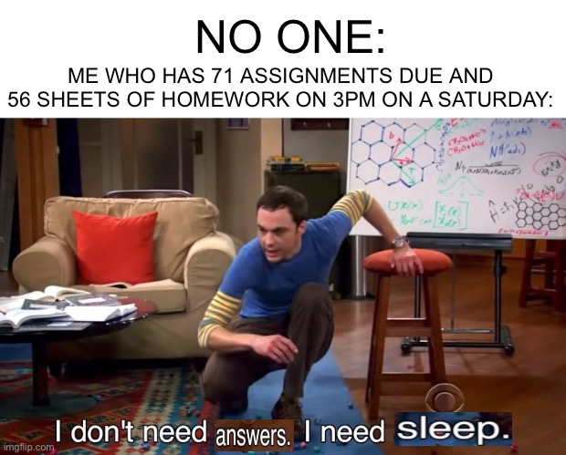 You had so much spare time weekend and you could spend it doing what you need to do but you chose sleep | NO ONE:; ME WHO HAS 71 ASSIGNMENTS DUE AND 56 SHEETS OF HOMEWORK ON 3PM ON A SATURDAY: | image tagged in i don't need sleep i need answers | made w/ Imgflip meme maker