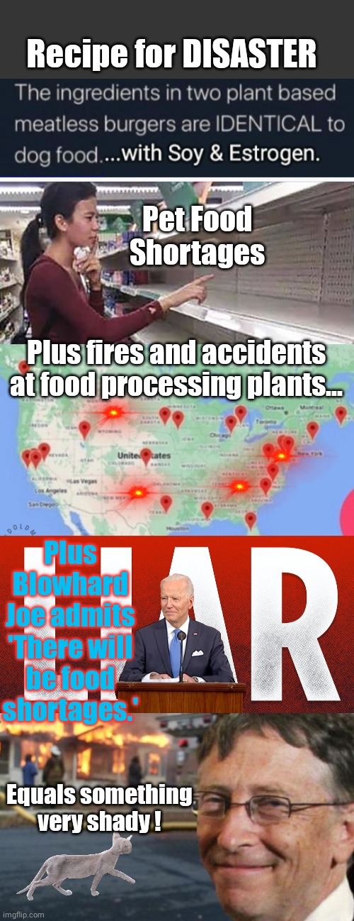 Bill Gates fake meat Food shortage tactic | Recipe for DISASTER; Pet Food Shortages; Plus fires and accidents at food processing plants... Plus Blowhard Joe admits 'There will be food shortages.'; Equals something very shady ! | image tagged in grey blank temp,searching empty shelves | made w/ Imgflip meme maker