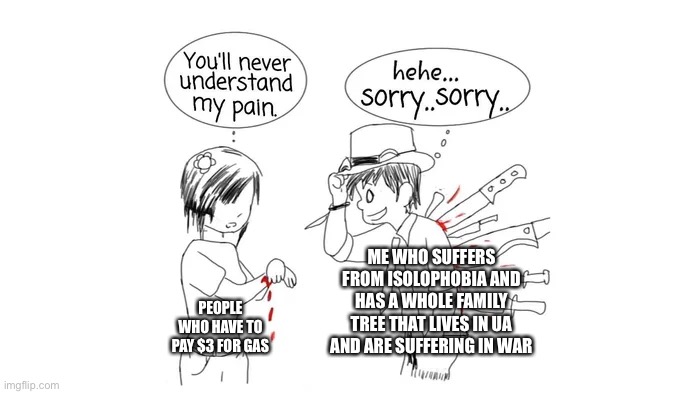 You'll never understand my pain | ME WHO SUFFERS FROM ISOLOPHOBIA AND HAS A WHOLE FAMILY TREE THAT LIVES IN UA AND ARE SUFFERING IN WAR; PEOPLE WHO HAVE TO PAY $3 FOR GAS | image tagged in you'll never understand my pain | made w/ Imgflip meme maker