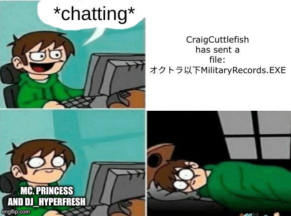 LEGEND DON'T TRANSLATE PLS | CraigCuttlefish has sent a file: オクトラ以下MilitaryRecords.EXE; *chatting*; MC. PRINCESS AND DJ_HYPERFRESH | image tagged in disturbed,drm oc | made w/ Imgflip meme maker