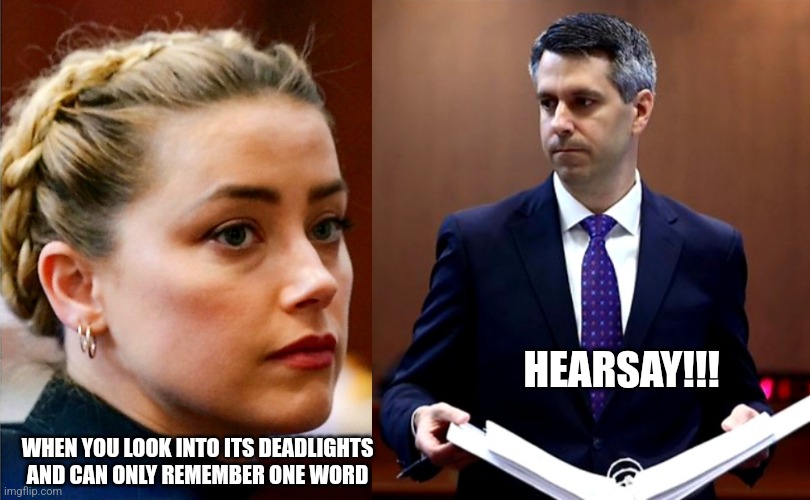 Hearsay | HEARSAY!!! WHEN YOU LOOK INTO ITS DEADLIGHTS AND CAN ONLY REMEMBER ONE WORD | image tagged in amber heard,johnny depp,hearsay | made w/ Imgflip meme maker