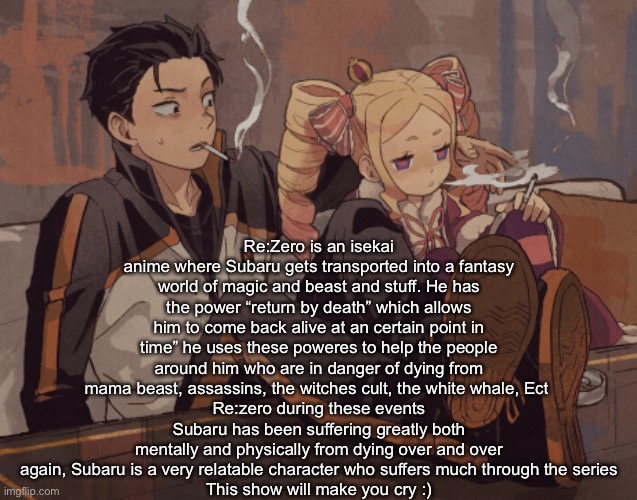 That’s about it | Re:Zero is an isekai anime where Subaru gets transported into a fantasy world of magic and beast and stuff. He has the power “return by death” which allows him to come back alive at an certain point in time” he uses these poweres to help the people around him who are in danger of dying from mama beast, assassins, the witches cult, the white whale, Ect 
Re:zero during these events Subaru has been suffering greatly both mentally and physically from dying over and over again, Subaru is a very relatable character who suffers much through the series
This show will make you cry :) | made w/ Imgflip meme maker