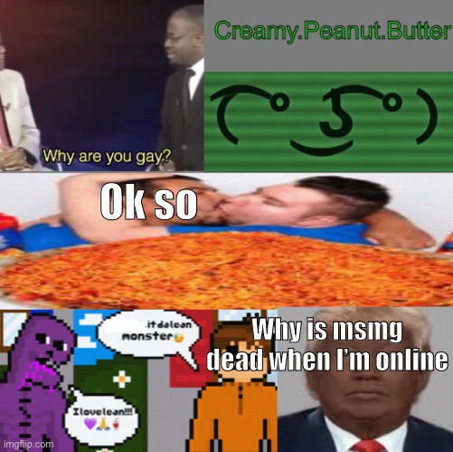 CreamyPB temp | Ok so; Why is msmg dead when I’m online | image tagged in creamypb temp | made w/ Imgflip meme maker