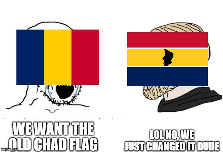 new flag for chad | LOL NO, WE JUST CHANGED IT DUDE; WE WANT THE OLD CHAD FLAG | image tagged in soyboy vs yes chad,new flag,chad | made w/ Imgflip meme maker