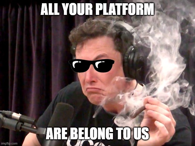 Elon Musk Weed | ALL YOUR PLATFORM; ARE BELONG TO US | image tagged in elon musk weed | made w/ Imgflip meme maker