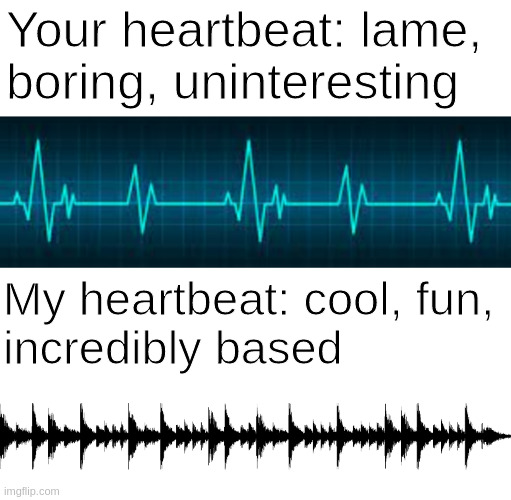Amen Break Heartbeat | Your heartbeat: lame,
boring, uninteresting; My heartbeat: cool, fun,
incredibly based | image tagged in amen break,breakcore,dnb,drum and bass,jungle,music | made w/ Imgflip meme maker