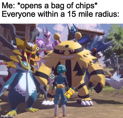 bruh i ain't sharing | Me: *opens a bag of chips*
Everyone within a 15 mile radius: | image tagged in memes,funny,pokemon,chips | made w/ Imgflip meme maker