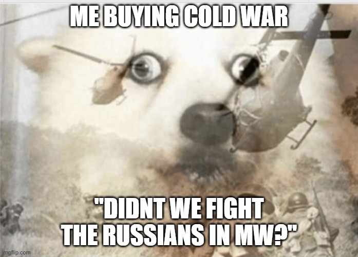 PTSD dog | ME BUYING COLD WAR; "DIDNT WE FIGHT THE RUSSIANS IN MW?" | image tagged in ptsd dog,funny,funny memes,funny meme,call of duty,gaming | made w/ Imgflip meme maker