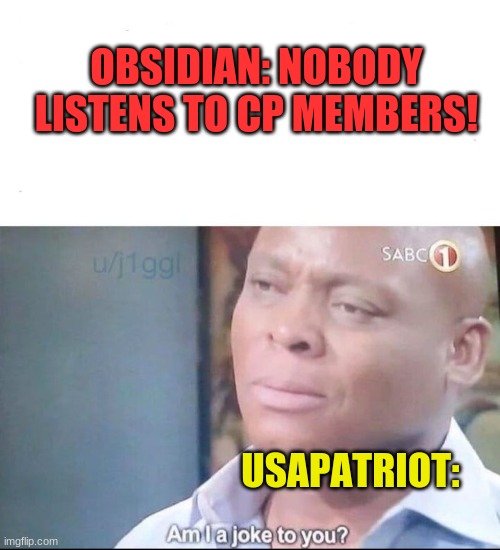 dont let their current status decieve you my friend, | OBSIDIAN: NOBODY LISTENS TO CP MEMBERS! USAPATRIOT: | image tagged in am i a joke to you | made w/ Imgflip meme maker