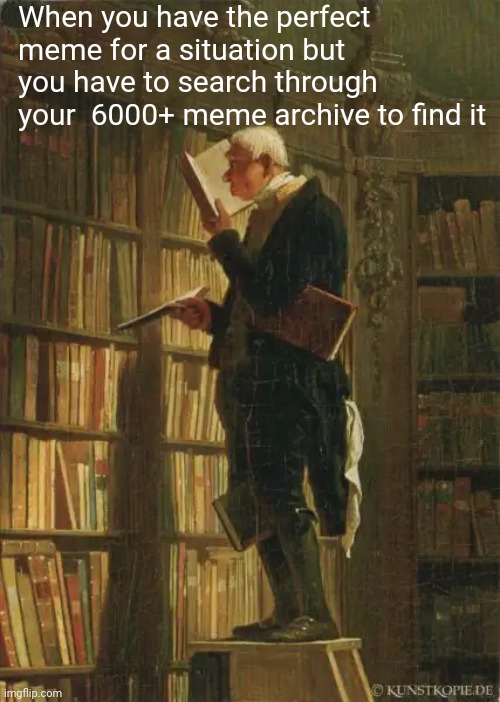 man in library | When you have the perfect meme for a situation but you have to search through your  6000+ meme archive to find it | image tagged in man in library | made w/ Imgflip meme maker