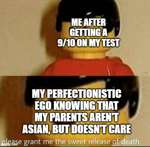 Sweet Release |  ME AFTER GETTING A 9/10 ON MY TEST; MY PERFECTIONISTIC EGO KNOWING THAT MY PARENTS AREN'T ASIAN, BUT DOESN'T CARE | image tagged in sweet release,memes,school,test | made w/ Imgflip meme maker