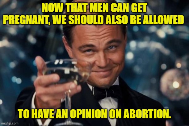 Opinion on Abortion? | NOW THAT MEN CAN GET PREGNANT, WE SHOULD ALSO BE ALLOWED; TO HAVE AN OPINION ON ABORTION. | image tagged in memes,leonardo dicaprio cheers,abortion,self-identify,gender,gender fluid | made w/ Imgflip meme maker