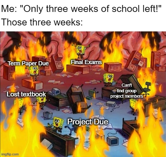 Remind me how this is the best time of my life? | Final Exams; Term Paper Due; Can't find group project members; Lost textbook; Project Due | made w/ Imgflip meme maker