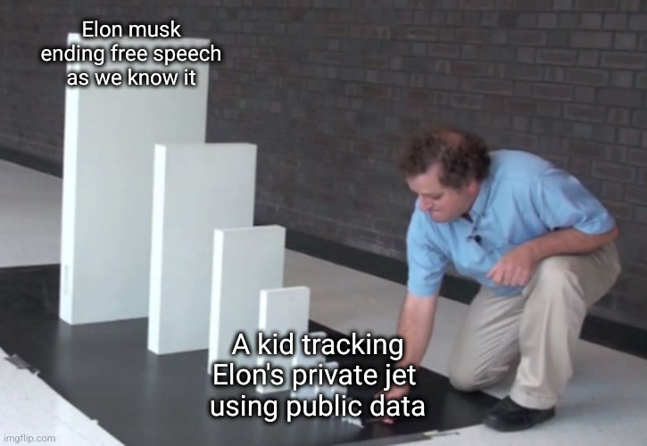 Elon ends free speech | Elon musk ending free speech as we know it; A kid tracking Elon's private jet 
using public data | image tagged in domino effect | made w/ Imgflip meme maker