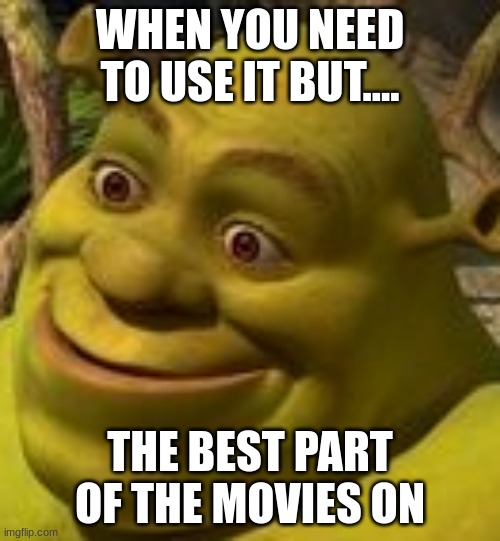 Shrek Face | WHEN YOU NEED TO USE IT BUT.... THE BEST PART OF THE MOVIES ON | image tagged in shrek face | made w/ Imgflip meme maker
