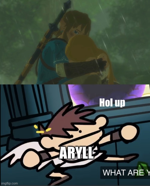 Ah yes, oc memes | ARYLL | image tagged in link hugging zelda,pit hol up | made w/ Imgflip meme maker