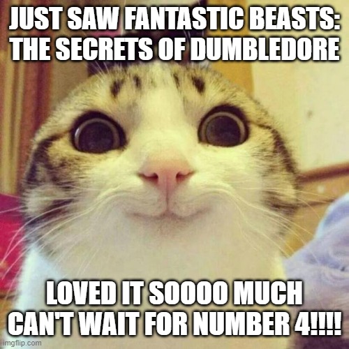 I know it left a lot of questions but who cares | JUST SAW FANTASTIC BEASTS: THE SECRETS OF DUMBLEDORE; LOVED IT SOOOO MUCH CAN'T WAIT FOR NUMBER 4!!!! | image tagged in memes,smiling cat | made w/ Imgflip meme maker