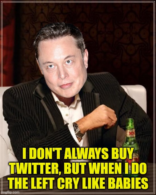 Elon Musk Buys Twitter | I DON'T ALWAYS BUY TWITTER, BUT WHEN I DO THE LEFT CRY LIKE BABIES | image tagged in the most interesting man in the world,elon musk,twitter,crying,leftists | made w/ Imgflip meme maker