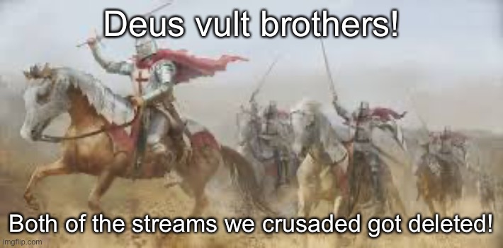 Deus Vult Brothers! | Deus vult brothers! Both of the streams we crusaded got deleted! | image tagged in deus vult brothers | made w/ Imgflip meme maker